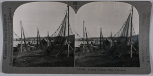 Image: stereo view card: drying fishing nets, Labrador