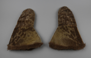 Image: seal skin gautlet type mitt with fox fur cuff trim