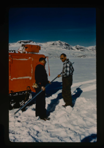 Image of Measurement of lake ice thickness. Stan Needleman, USAF, and Al Maher