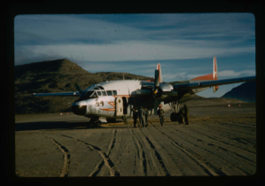 Image of Royal Canadian Air Force C-119 made emergency wheeled landing on soil runway