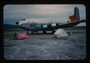 Image of C-124 at base camp after successful test landings on unimproved natural runway