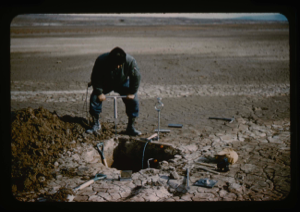 Image of Soil test pits, airfield penetrometer on airstrip at Bronlunds Fjord.