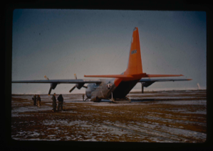 Image of C-130 aircraft parked  at Polaris Promontory, ready to pack and evacuate camp