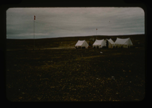 Image of View of base camp and radio antenna at Polaris Promontory.