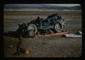 Image of Jeep dropped to site by faulty parachutes. Destroyed. Bronlunds Fjord