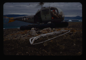 Image: Navy helicopter from USS Atka at British boat camp, Newman Bay near Polaris Prom