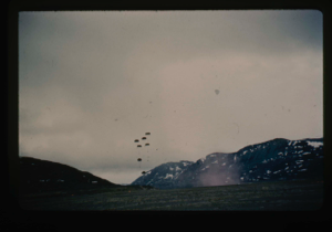 Image of Airdrops from aircraft onto Centrum Lake delta containing fuel, rations, mail