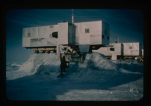 Image of Ice pedestals formed beneath trailers on Ice Island T-3 due to extreme ablation 