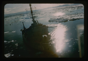 Image of USS Atka in Polaris Bay in the middle of sea ice 