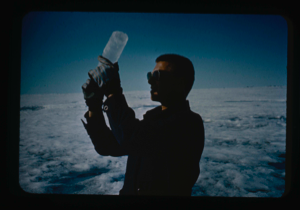 Image of Ice coring on Ice Island T-3 (Columbia University student Isacks).