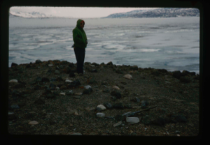 Image of Needleman stands amid a series of old Eskimo [Inuit] tent rings located on terrace