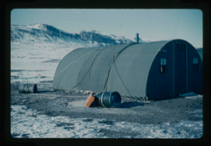 Image: Close-up view of Jamesway hut for sleeping quarters and operations office