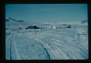 Image: View of base camp at Centrum Lake with snow cover 2 feet. NE Greenland