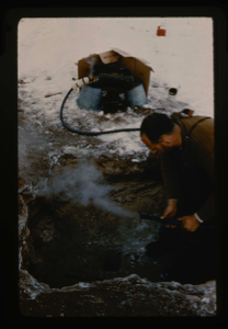 Image: Live steam is used to melt permafrost for installation of thermocouple in delta