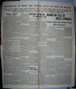Image of Press sheet, Donald MacMillan 1922 return from Baffin Island