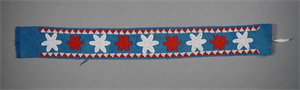 Image of Labrador cloth/bead strap beaded red & white on blue cloth. Stars w/triangles 