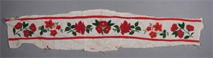 Image: Embroidered band with floral pattern: red, pink, green, purple - red edges