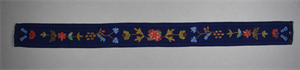 Image of Blue band with red, green, white, yellow and pink embroidered flowers, white bea