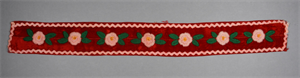 Image of Red felt band with pink trim. Pink and green floral pattern.