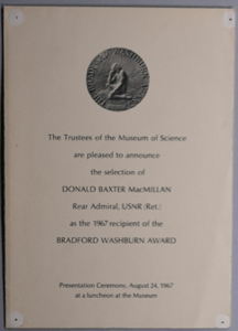 Image: Announcing D.B. MacMillan as 1967 recipient of Bradford Washburn Award