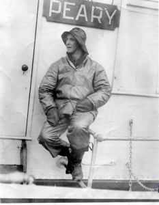 Image: Donald MacMillan in foul weather gear on S.S. Peary