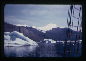 Image of Icebergs and ice cap seen through rigging (2 copies)