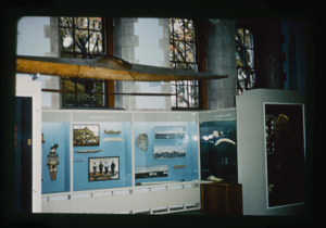 Image: The Peary-MacMillan Arctic Museum. Central alcove, Gallery C, kayak above. (3 co