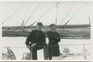 Image of Donald and Miriam MacMillan aboard schooner Bowdoin