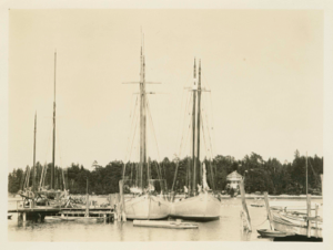 Image of A schooner docked; Bowdoin along side
