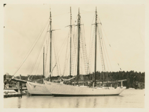 Image: A schooner docked; Bowdoin along side