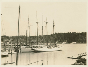 Image of A schooner docked; Bowdoin along side, stern in