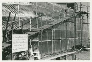 Image: Sign at entrance of work area for Schooner Bowdoin under reconstruction