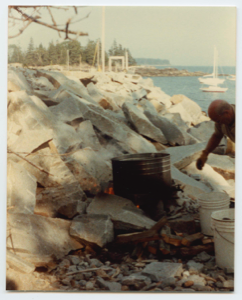 Image of Man preparing lobster bake at the shore