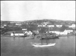 Image: Battle Harbor with Schooner Bowdoin and another boat moored