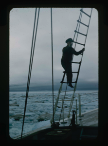 Image: Donald MacMillan climbing rigging of the Bowdoin, in ice pack