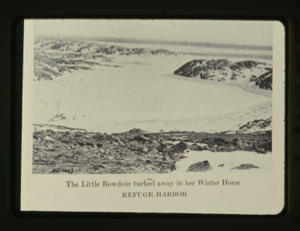 Image of The Bowdoin iced into her winter home (From a book) (B & W)