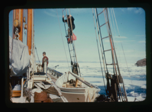 Image: The Bowdoin in ice pack. Donald MacMillan in rigging