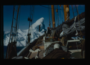 Image of The Bowdoin against iceberg. Miriam MacMillan on 'berg.