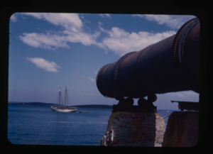 Image: The Bowdoin at Antille's Cove. Moravian cannon in foreground