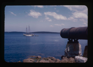 Image of The Bowdoin at Antille's Cove. Moravian cannon in foreground (2 copies)