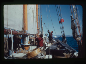 Image of Pete Rand and ? hoisting sails