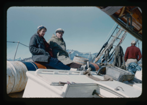Image of Donald and Miriam MacMillan sitting on deck when BOWDOIN is on ledge (2 copies)