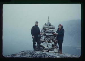Image of Miriam and Donald MacMillan at Bowdoin Harbor cairn (2 copies)