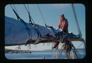Image of Miriam MacMillan sitting on boom