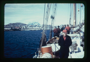 Image of Miriam MacMillan aboard; crew beyond. Approaching Godhavn