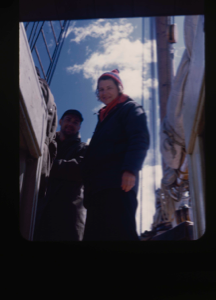 Image of Miriam MacMillan and ? aboard, seen from hatch