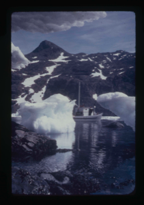 Image of Small fishing boat between two icebergs