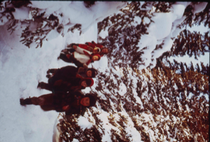 Image of Inuit children walking through snowy woods (2 copies).