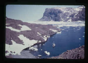 Image of Looking down on harbor and drift ice.