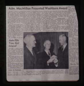 Image: News clipping: Donald MacMillan being presented with Bradford Washington award